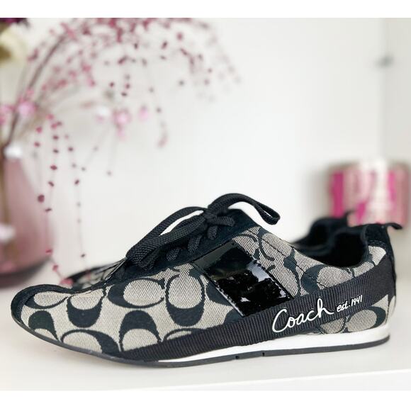 Coach Hadley Monogram Signature Jacquard Suede Sneakers Black White Size 8.5 M - Picture 3 of 16